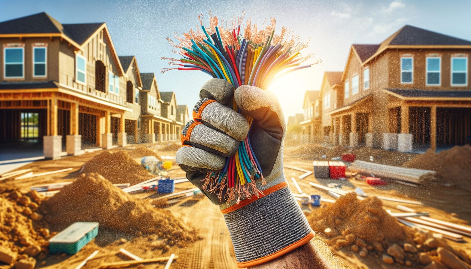 This image shows a close-up of a gloved hand holding a bundle of multi-colored electrical wires at a new townhome construction site. The background features partially constructed townhomes with exposed wooden frames and unfinished exteriors. Construction materials and tools are scattered around the site, and the sun is shining brightly, casting a warm glow over the scene. The image highlights the essential role of electrical work in the building process, symbolizing progress and development in the residential construction industry.