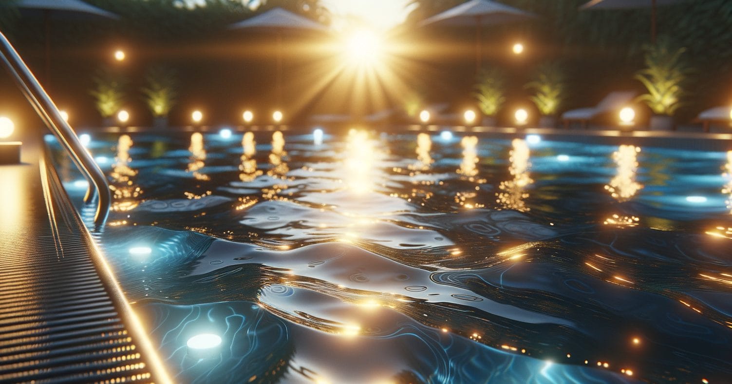 This image shows a luxurious outdoor swimming pool at sunset. The pool is illuminated by underwater lights and surrounded by warm, ambient lighting along the perimeter. Sun loungers and umbrellas are visible in the background, creating a relaxing atmosphere. The water surface reflects the lights, creating a beautiful, shimmering effect. The setting sun casts a golden glow, enhancing the serene and inviting ambiance of the pool area.