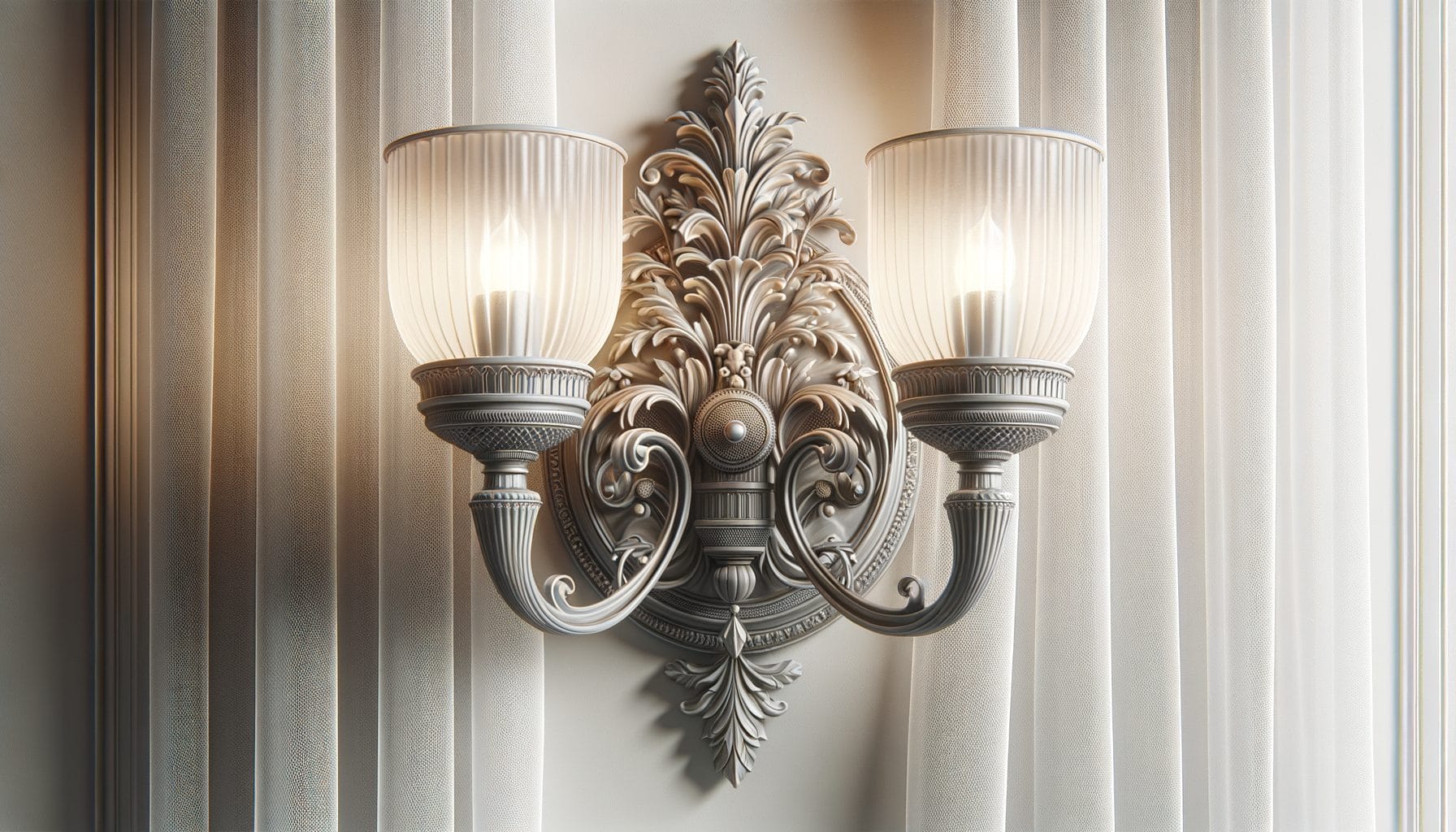 This image shows an elegant, antique-style wall sconce with two lights. The sconce features a decorative backplate with intricate, symmetrical floral and scrollwork designs. Each light has a ribbed, frosted glass shade that diffuses the warm glow from the bulbs. The fixture is mounted on a light-colored wall with subtle vertical texture, enhancing the classic and sophisticated appearance of the sconce.