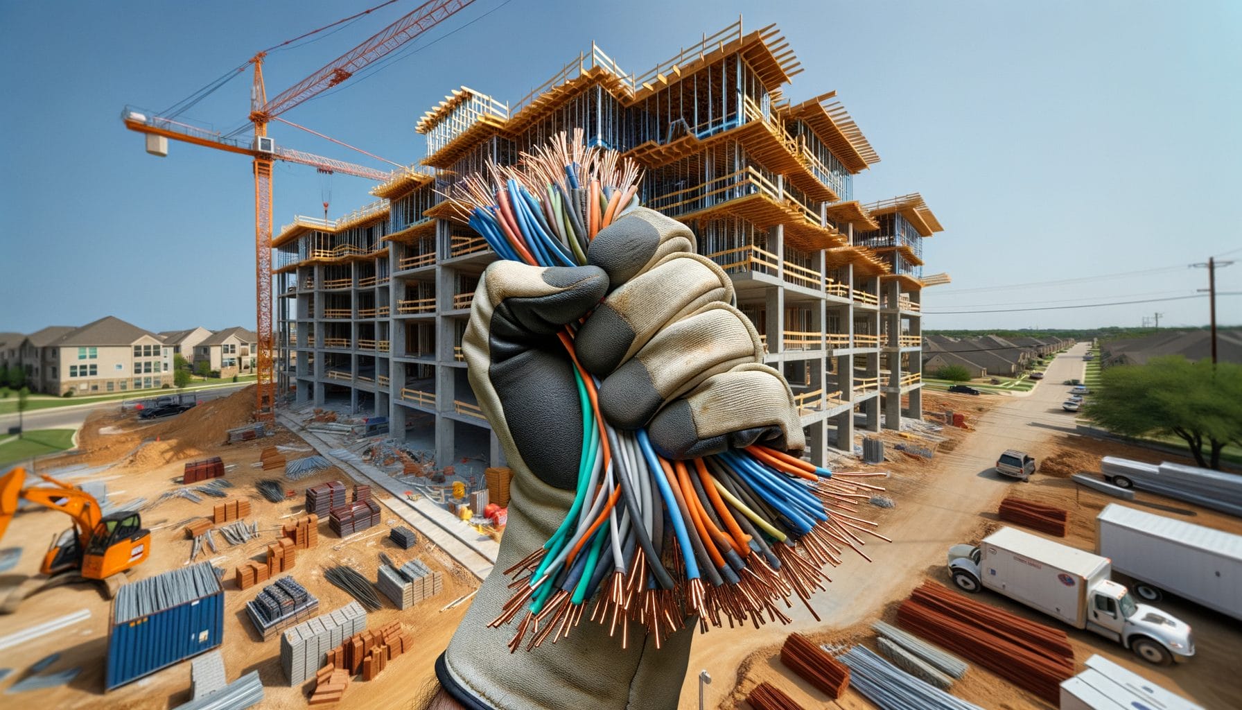 This image shows a close-up of a gloved hand holding a bundle of multi-colored electrical wires at a new condo construction site. In the background, there are partially constructed buildings with scaffolding and cranes, as well as construction materials and equipment scattered around. The site is active, with visible progress being made on the new condos. The image emphasizes the electrical work and infrastructure development necessary in the construction process.