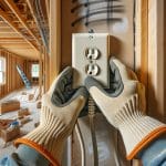 The image captures a close-up of a person wearing safety gloves as they plug a cord into a newly installed electrical outlet within a home under construction. The scene features exposed wooden studs and wiring in the background, with a window showing a rural landscape. This setup is typical for new construction and electrical safety inspections in DFW, TX, emphasizing adherence to safety standards and proper installation practices during the construction phase.