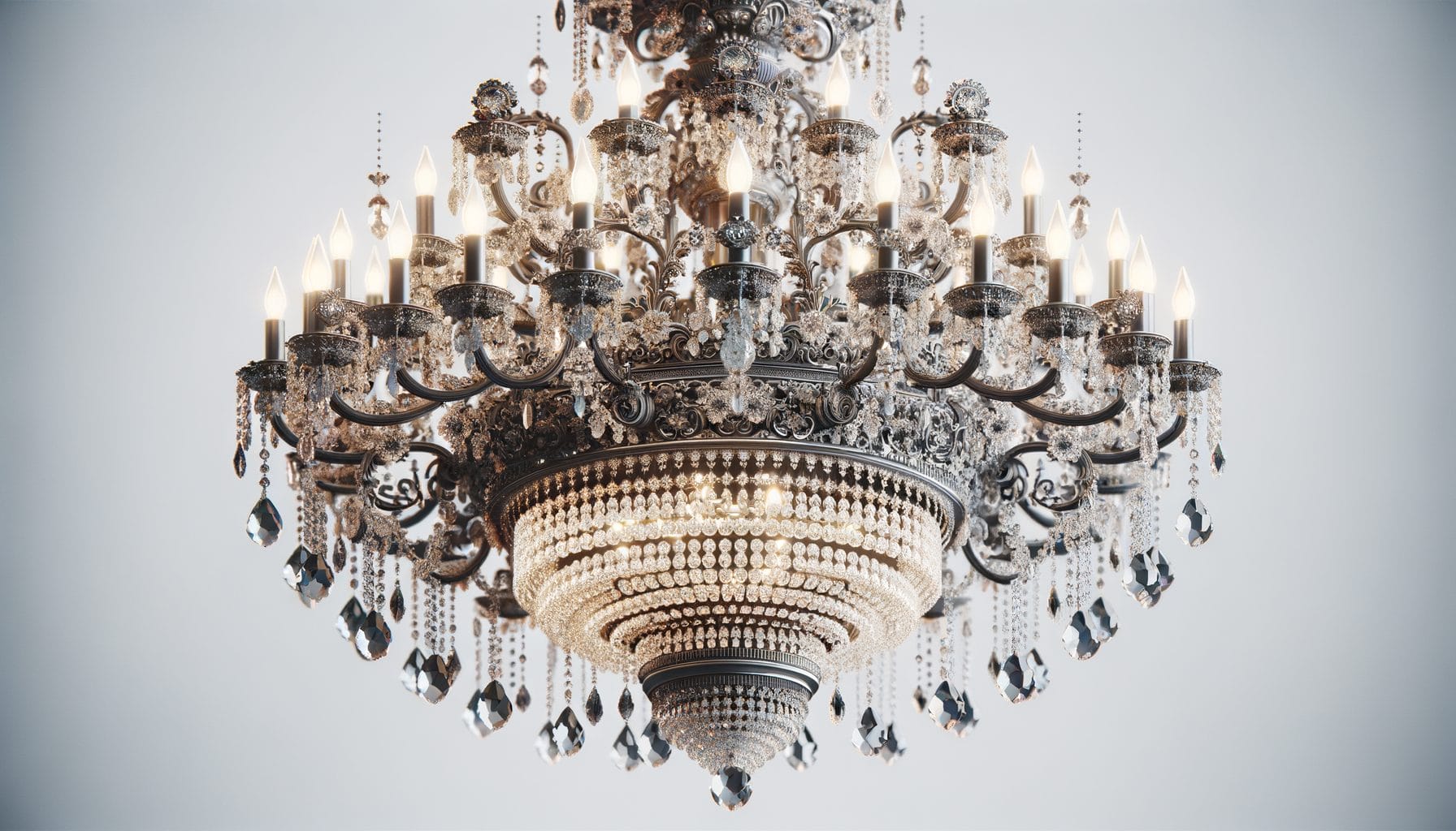 This image shows an opulent, multi-tiered crystal chandelier. The chandelier features numerous ornate arms, each holding a candle-like light bulb. It is adorned with intricate metalwork and draped with hanging crystal prisms, beads, and drops, which catch and reflect light, creating a dazzling effect. The design is grand and luxurious, suitable for a large and elegant space.