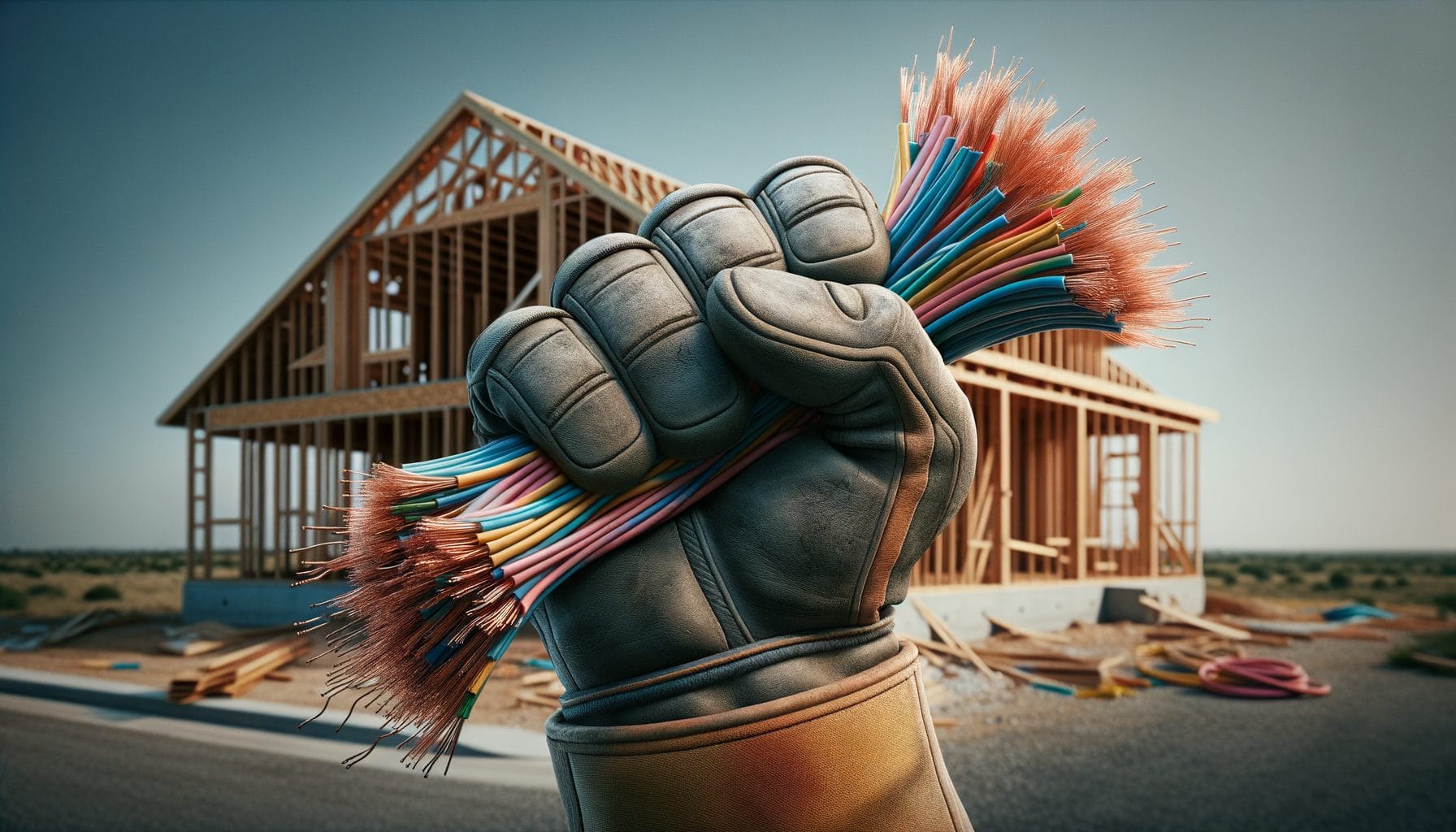 The image features a clenched hand in a leather work glove holding a bundle of colorful, frayed electrical wires, set against a background of a wooden-framed residential home under construction. The construction site is depicted under a clear sky with scattered building materials around.