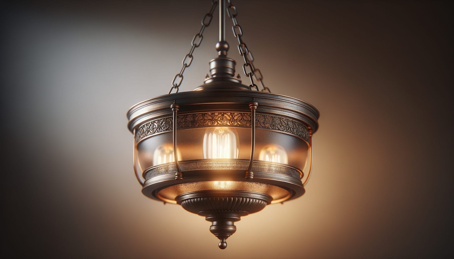 This image shows an ornate, vintage-style pendant light fixture. The fixture features intricate metalwork with decorative patterns around its circular frame. It is suspended by a chain and emits a warm, ambient glow from multiple exposed filament bulbs enclosed in a frosted glass shade. The design is elegant and reminiscent of antique lighting, adding a touch of classic charm to the space.