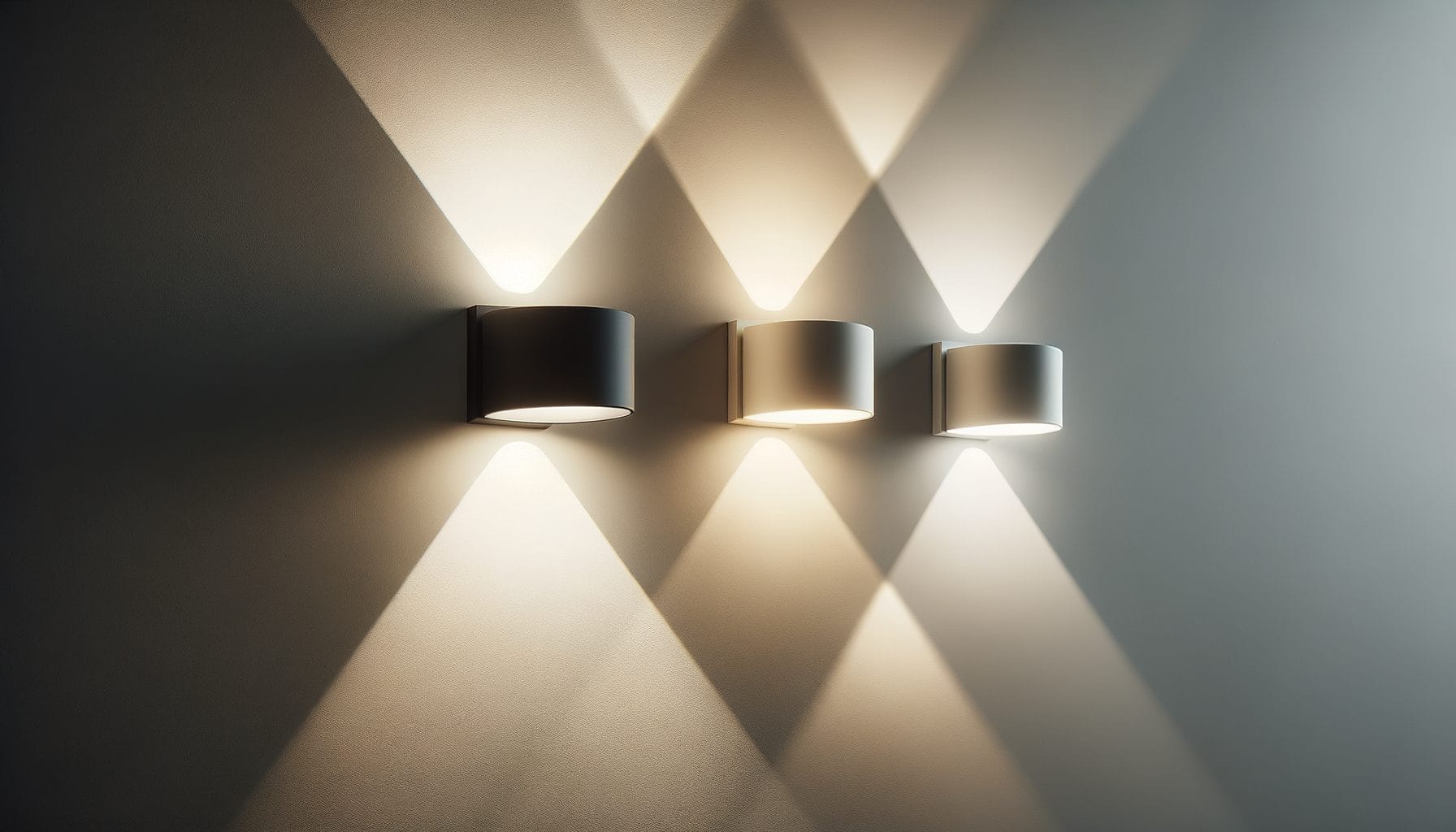 This image shows three modern wall sconces mounted in a row on a smooth, light-colored wall. Each sconce has a cylindrical shape and emits light both upwards and downwards, creating an elegant pattern of light and shadow on the wall. The fixtures are sleek and minimalist, with one being black and the other two in lighter shades, adding a contemporary touch to the space.