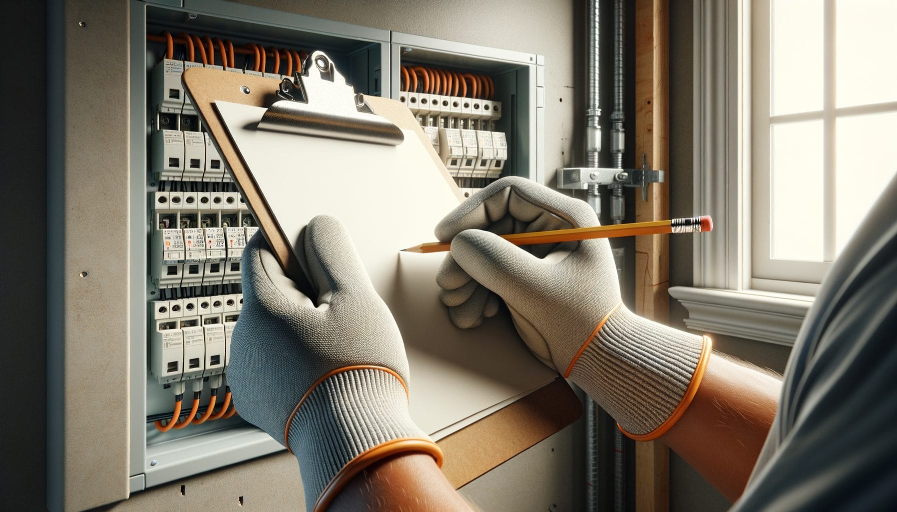 The image shows a person in safety gloves conducting an electrical inspection, writing on a clipboard while standing in front of an open electrical panel filled with switches and wiring. The panel is installed on a wall beside a window that lets in natural light, highlighting the detailed and meticulous nature of the task. The setting suggests a focus on safety and precision in a residential setting.