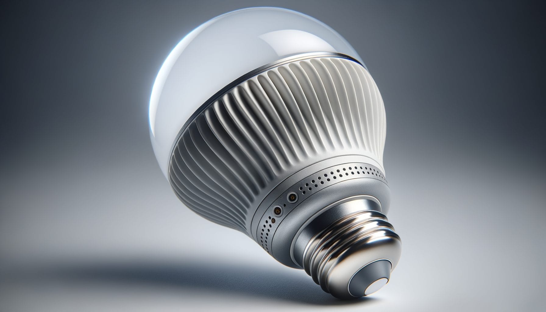 This image shows a modern LED light bulb. The bulb has a dome-shaped frosted glass top and a metallic base with a standard screw fitting. The middle section features a ribbed heat sink for cooling, ensuring efficient heat dissipation. The overall design is sleek and futuristic, highlighting advanced technology and energy efficiency.