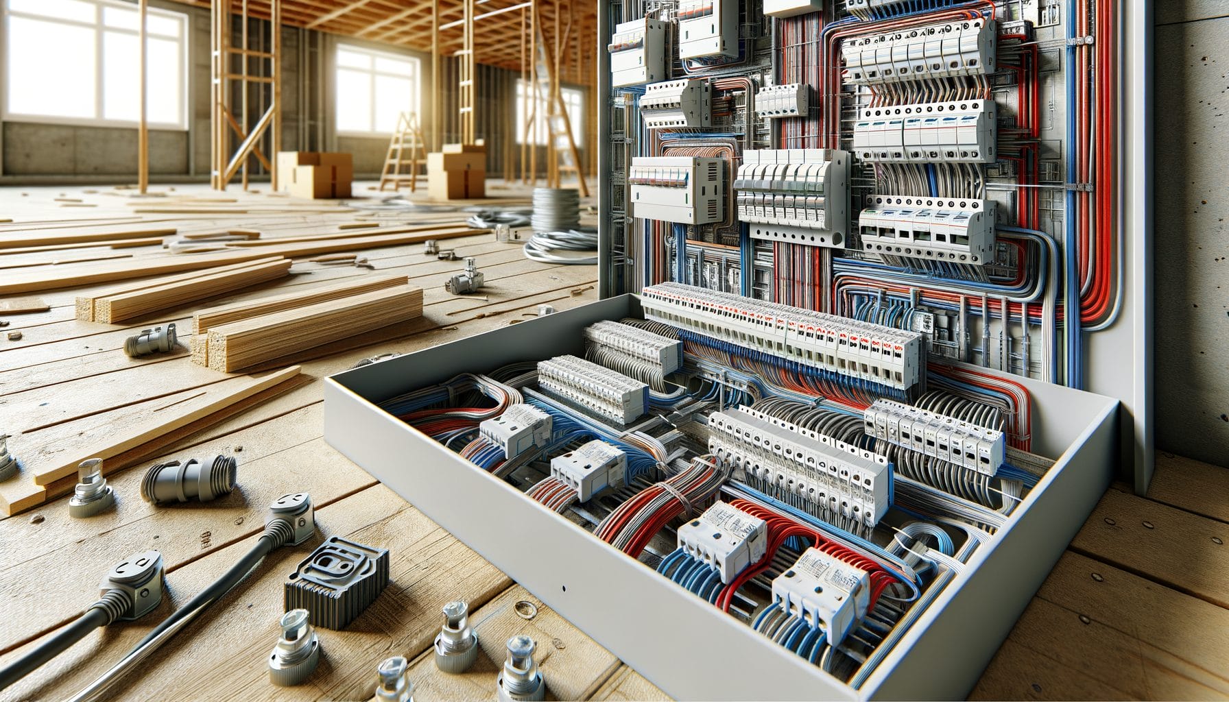 This image shows the electrical wiring and components for a construction or renovation project. In the foreground, there are circuit breaker panels and junction boxes with neatly organized bundles of electrical wires and cables. In the background, there is an unfinished wooden framed structure with building materials like lumber and ladders scattered around, indicating it is likely a construction site for a new building or extensive remodeling work.
