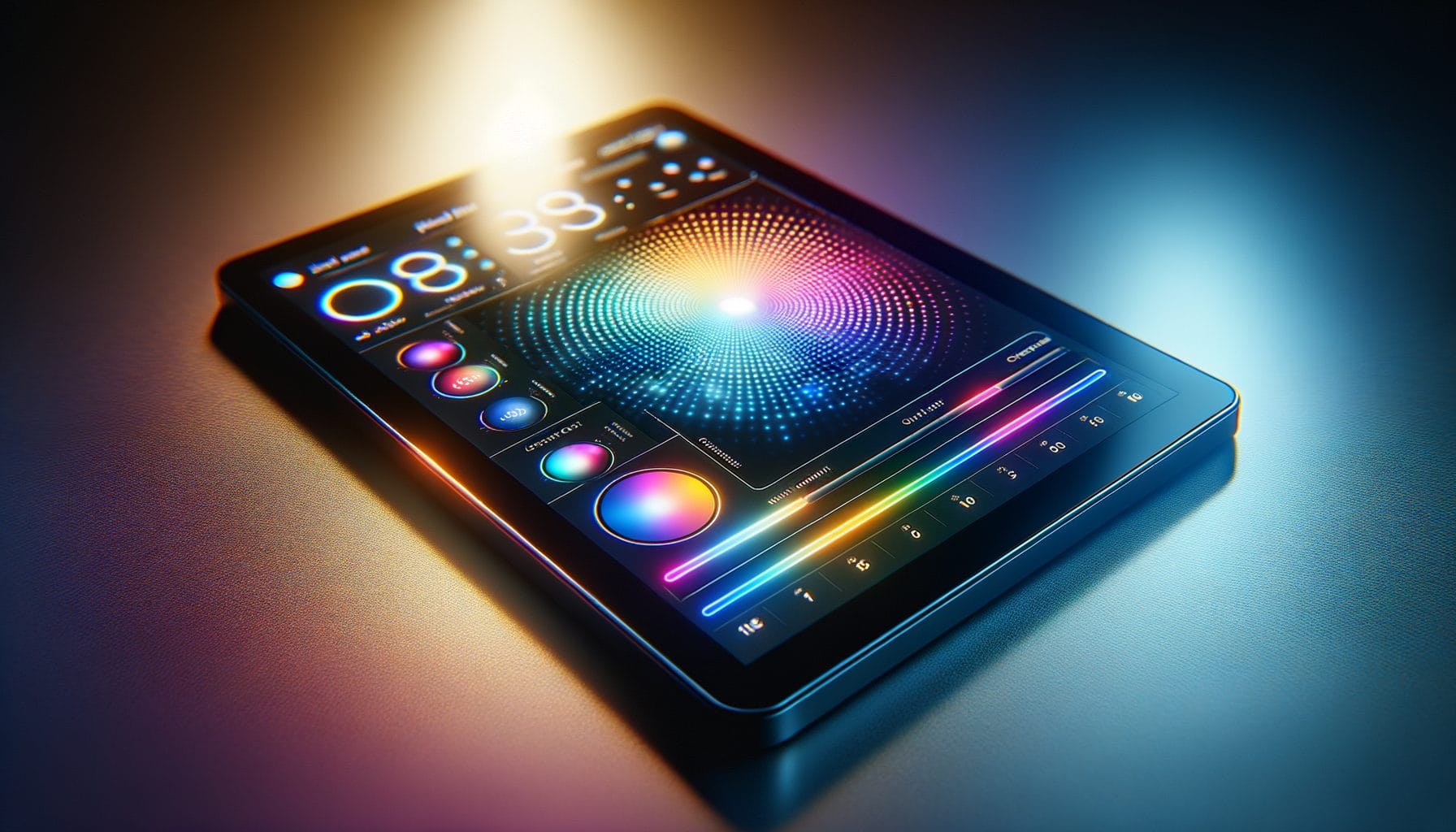 This image shows a digital tablet displaying a vibrant and colorful interface for controlling lighting settings. The screen features various controls, including color wheels, sliders, and buttons, allowing users to adjust the color, brightness, and other lighting parameters. The display is dynamic and visually appealing, with bright colors and smooth gradients, suggesting advanced functionality for customizable lighting experiences. The tablet is set on a smooth surface, with ambient lighting enhancing the futuristic and high-tech appearance.