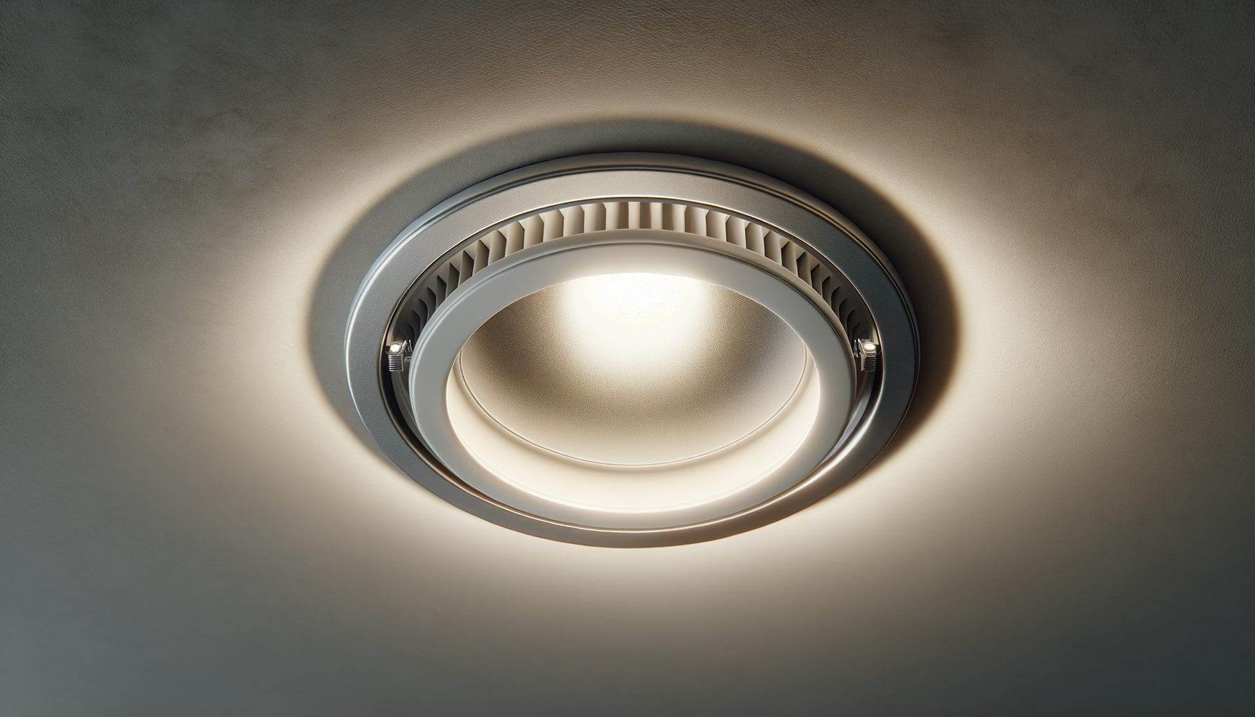 This image shows a recessed ceiling light fixture, emitting a soft, warm glow. The light is housed in a metallic, circular casing with a ridged inner surface, designed for efficient heat dissipation. The fixture is mounted flush with the ceiling, creating a modern and sleek appearance.