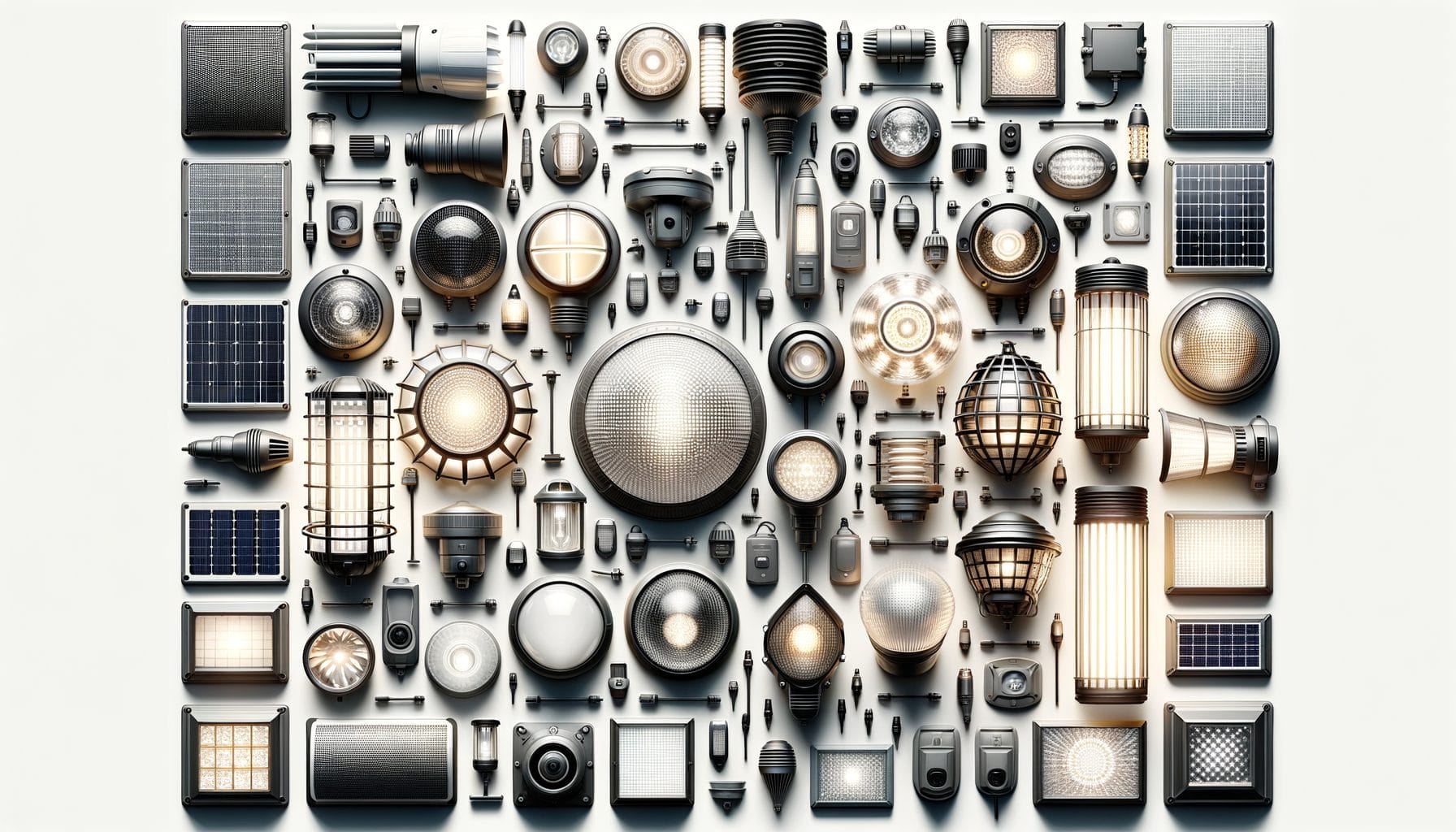 This image displays an array of various outdoor lighting fixtures and components, arranged in a grid-like pattern. The collection includes different types of lights such as recessed lights, wall-mounted lights, industrial lights, and solar panels. The fixtures vary in shape and size, featuring round, square, and cylindrical designs, as well as various textures and protective grilles. The arrangement is visually organized and showcases the diversity of lighting options available.