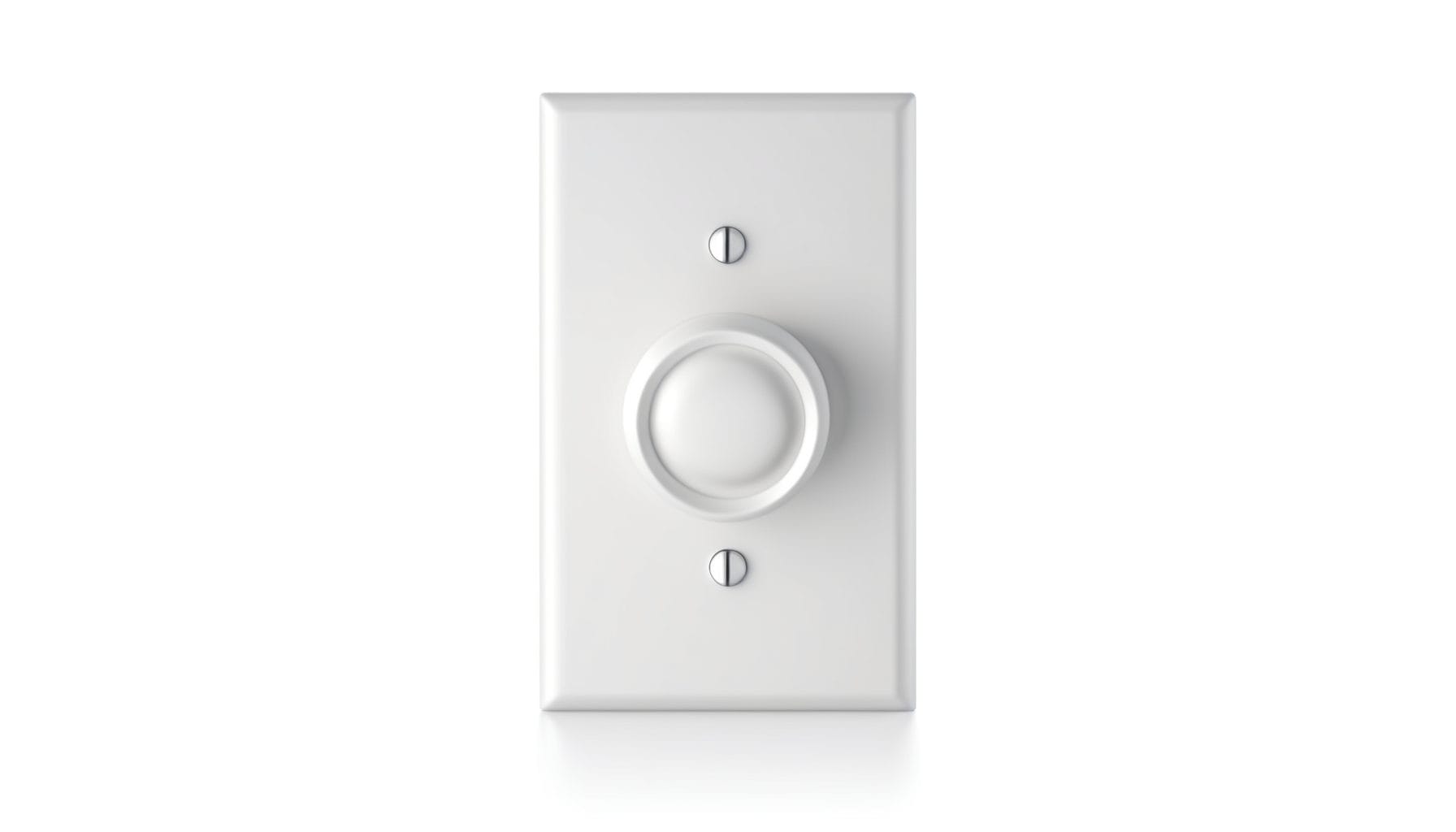 This image shows a white wall-mounted light dimmer switch. The switch features a large, round knob in the center, which is used to adjust the brightness of the connected lights. The plate is secured to the wall with two visible screws, one at the top and one at the bottom. The design is simple and functional, blending seamlessly with most wall finishes.