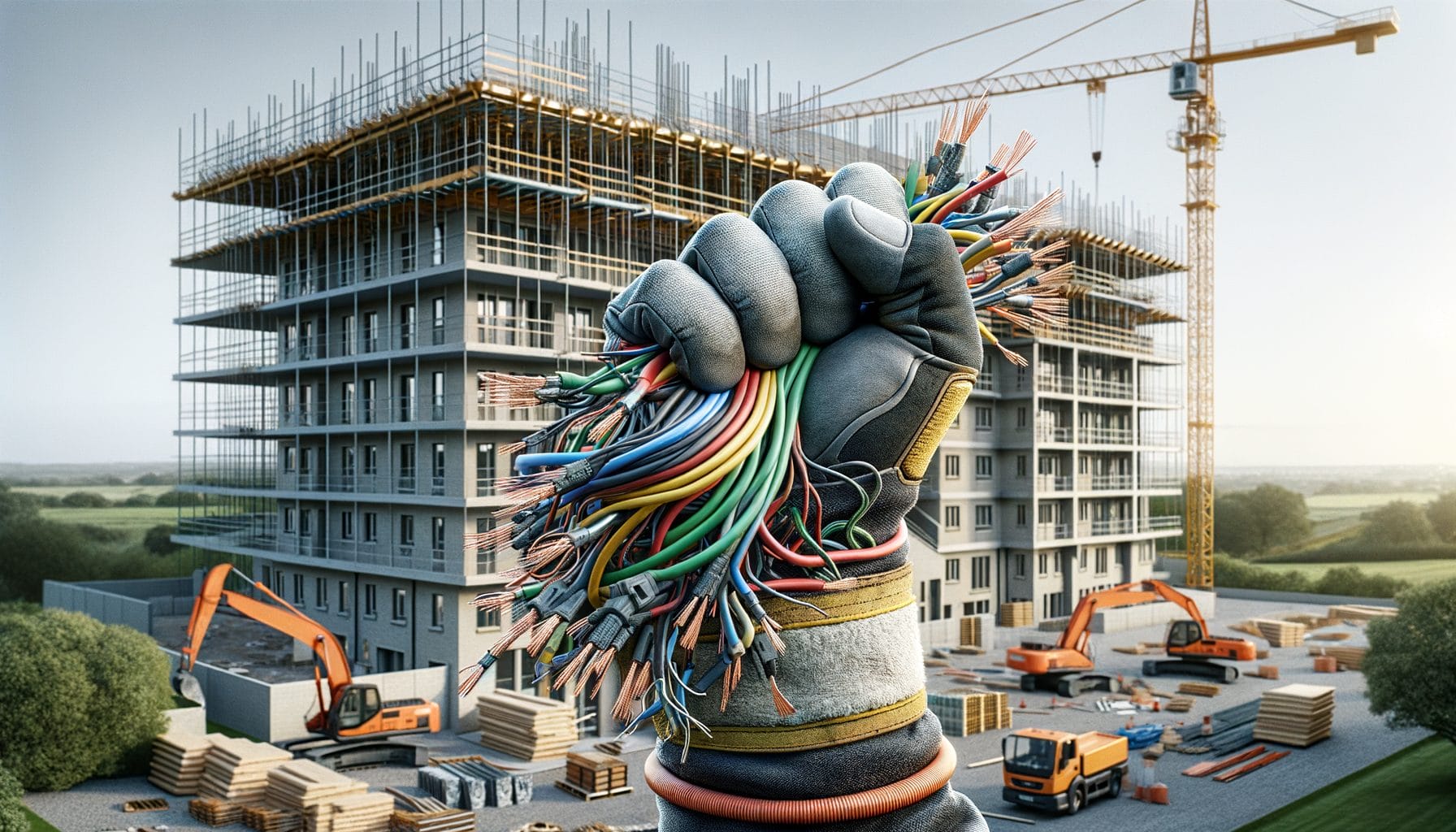 This image shows a close-up of a gloved hand holding a bundle of multi-colored electrical wires in front of a new apartment construction site. The background features two partially constructed apartment buildings with scaffolding and cranes. Construction materials and machinery, including excavators and trucks, are visible on the site. The image highlights the importance of electrical infrastructure in the construction process, symbolizing progress and development in the building industry.