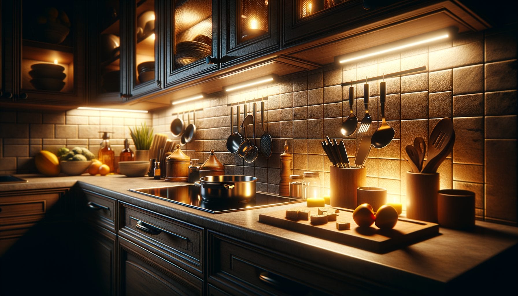 This image shows a cozy, well-lit kitchen with warm under-cabinet lighting. The lighting illuminates a tiled backsplash and a wooden countertop filled with kitchen utensils, bowls, cutting boards, and fresh produce. The cabinetry has a dark wood finish with glass-front upper cabinets showcasing neatly arranged dishes and additional lighting inside. The overall ambiance is inviting and functional, providing a pleasant workspace for cooking and food preparation.