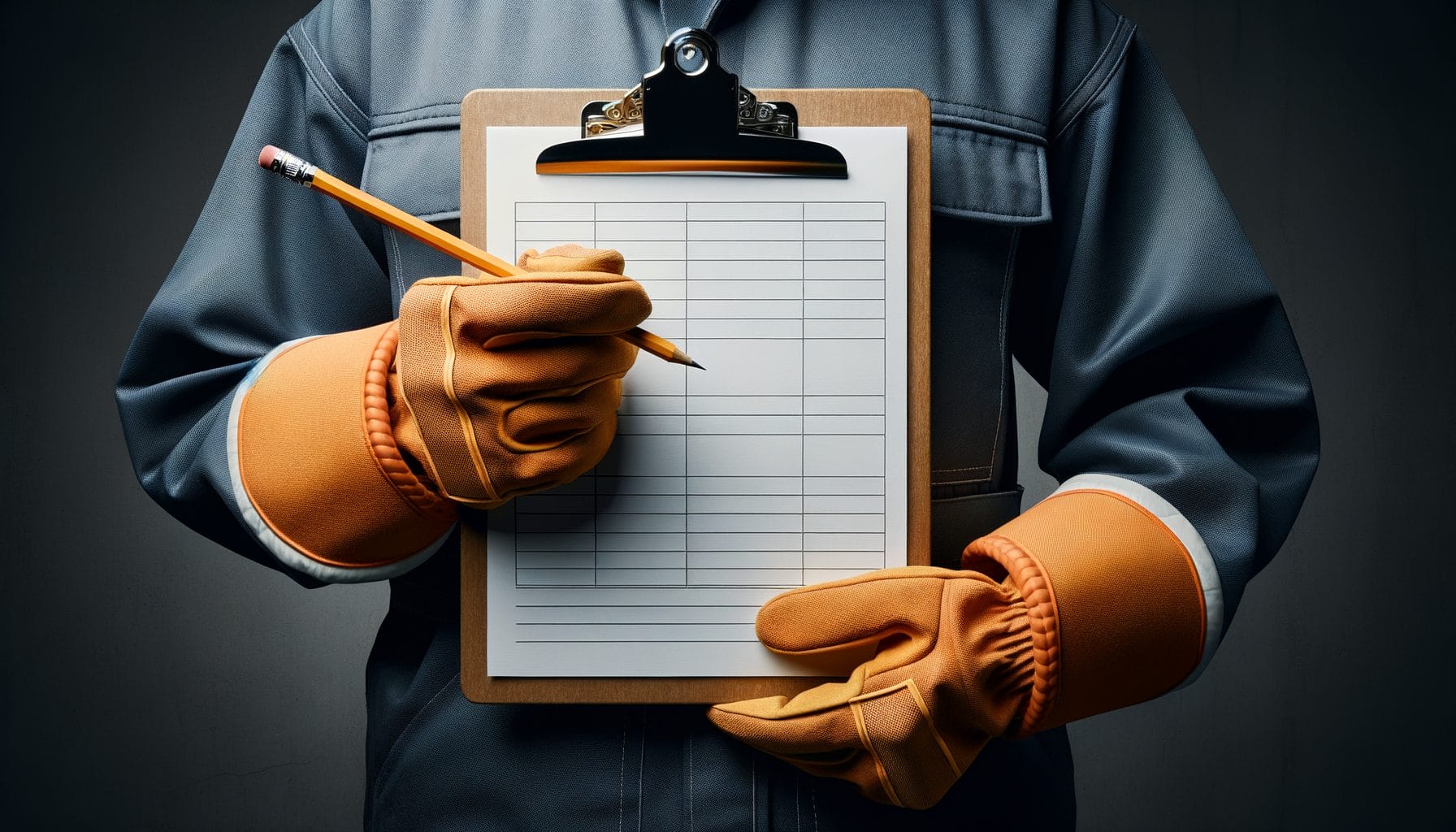 The image shows a person in a gray uniform and leather work gloves holding a clipboard with a blank checklist and a pencil, ready to write. The setting suggests a focus on organization and preparation, likely for conducting electrical safety inspections or other similar work. The backdrop is a dark gray, emphasizing the clipboard and hands in the foreground.