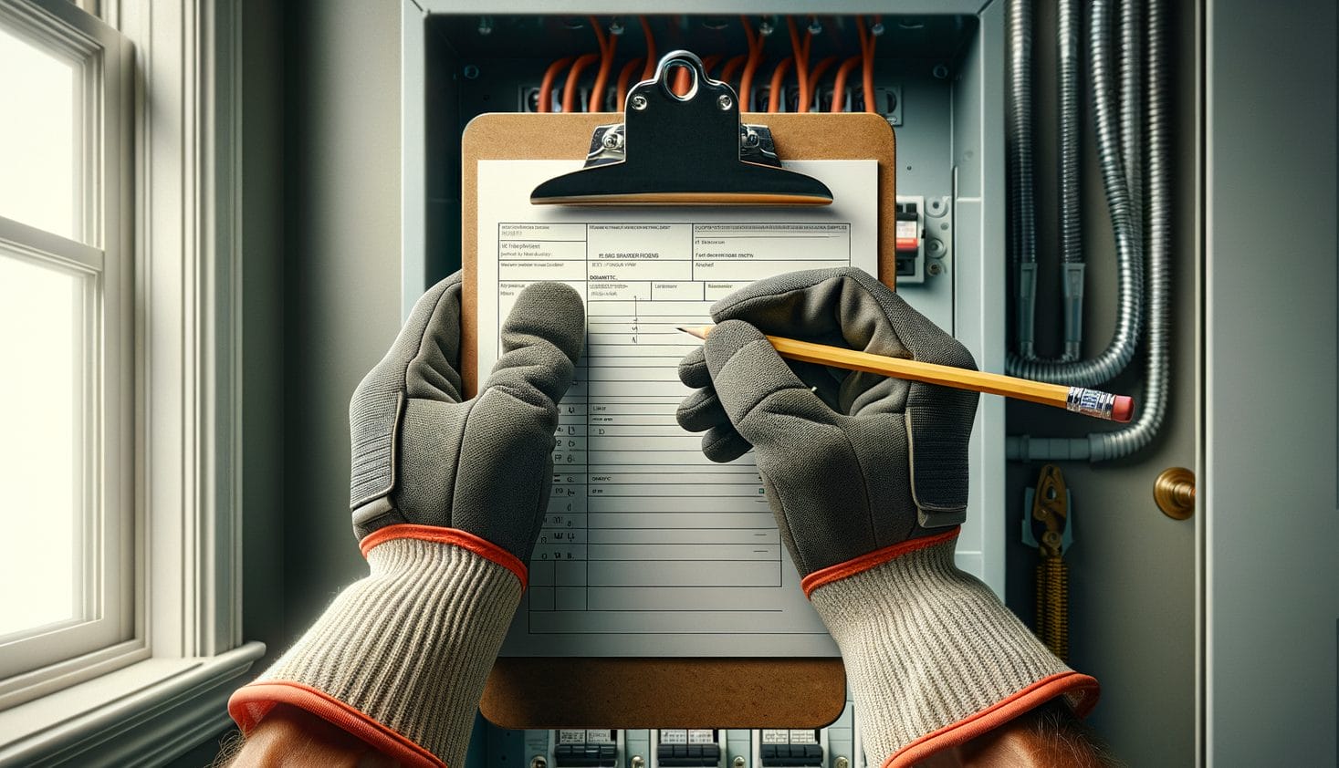 The image depicts a person conducting an electrical inspection for insurance purposes. They are wearing safety gloves and writing on a checklist attached to a clipboard in front of an open electrical cabinet filled with neatly organized cables and switches. The setting includes a detailed background showing part of the room with a window, emphasizing a thorough and professional evaluation process.