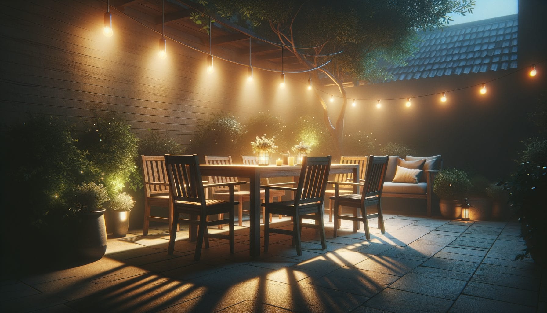 This image shows a cozy outdoor patio area at night, illuminated by warm string lights hanging overhead. The patio features a wooden dining table surrounded by matching chairs and a comfortable sofa with cushions. Potted plants and bushes line the edges of the space, adding greenery and a sense of enclosure. Candles on the table and additional lanterns on the ground contribute to the inviting and intimate ambiance. The setting is ideal for evening gatherings and relaxation.
