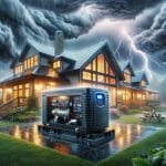 The image shows a home backup generator operating outside a large, well-lit house during a fierce lightning storm. The sky is dark with heavy clouds, rain is pouring down, and bright lightning bolts illuminate the scene. The house has multiple windows glowing warmly, contrasting with the stormy weather. The generator is situated on a wet surface, with its internal components visible and lights on, indicating it is in use. The surrounding garden is lush with greenery and colorful flowers, and a picnic table is seen in the yard, adding to the overall setting.