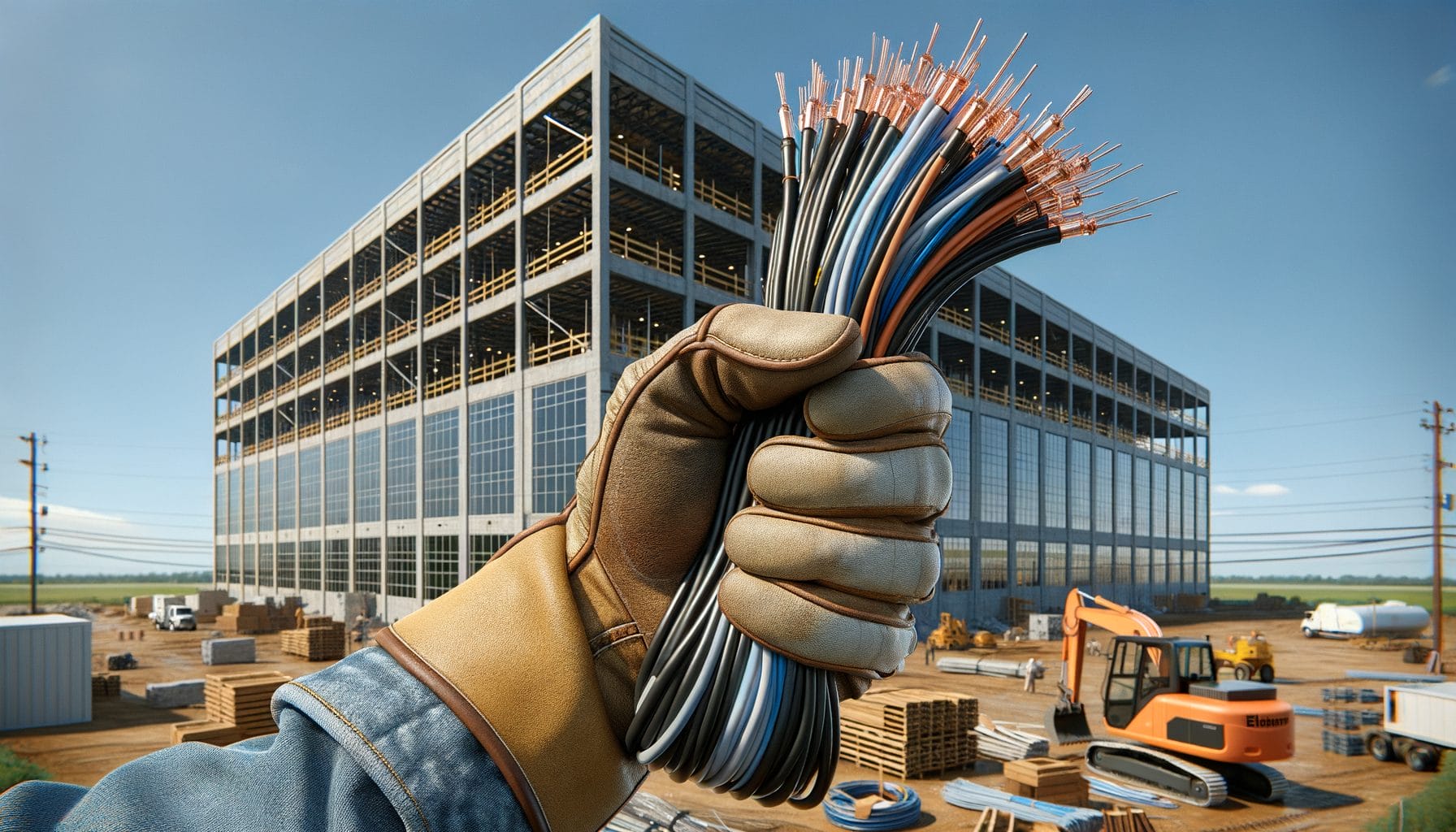 The image depicts a clenched hand in a leather work glove holding a bundle of colorful electrical wires, with a large industrial building under construction in the background. The structure features steel frames and large glass panels. In the surrounding area, construction materials, vehicles, and equipment are visible under a clear sky.