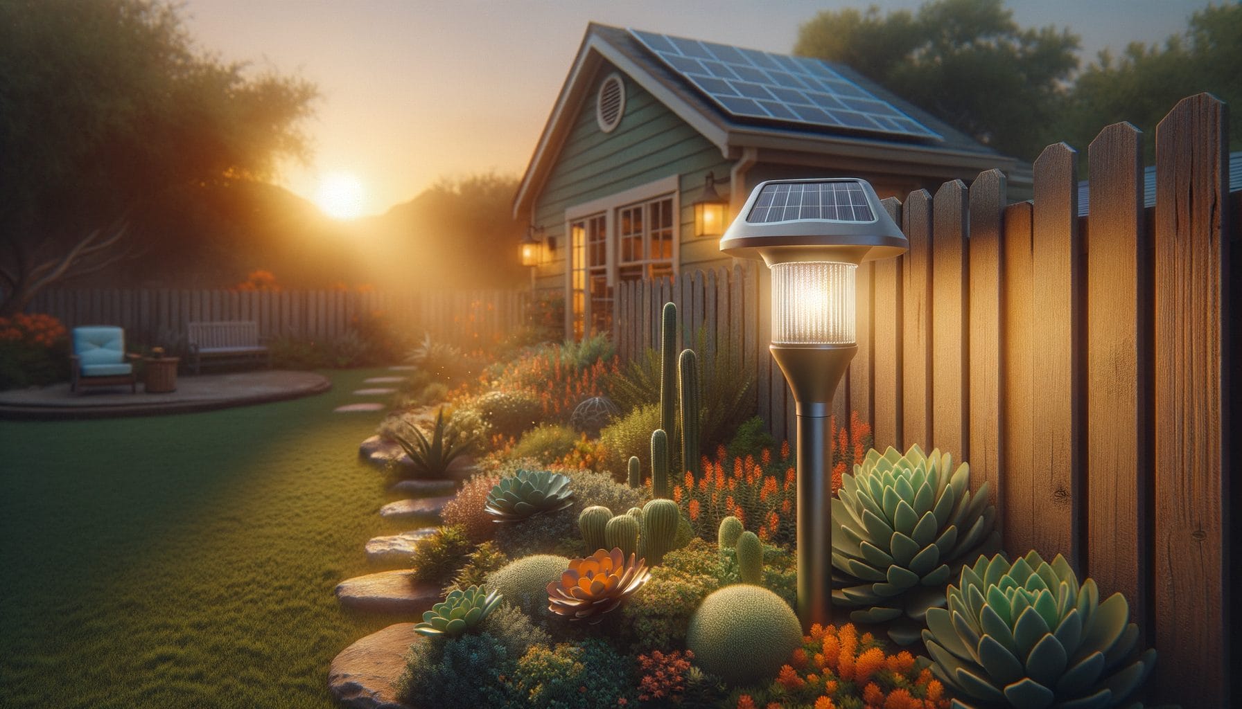 This image shows a beautiful backyard garden at sunset, featuring a variety of colorful succulents and cacti along a stone path. A solar-powered garden light is prominently displayed, providing illumination as the sun sets. In the background, there is a charming house with solar panels on the roof and warm lights glowing from the windows and wall-mounted lanterns. The garden is bordered by a wooden fence, and there is a cozy seating area with a bench and a chair, creating an inviting outdoor space.