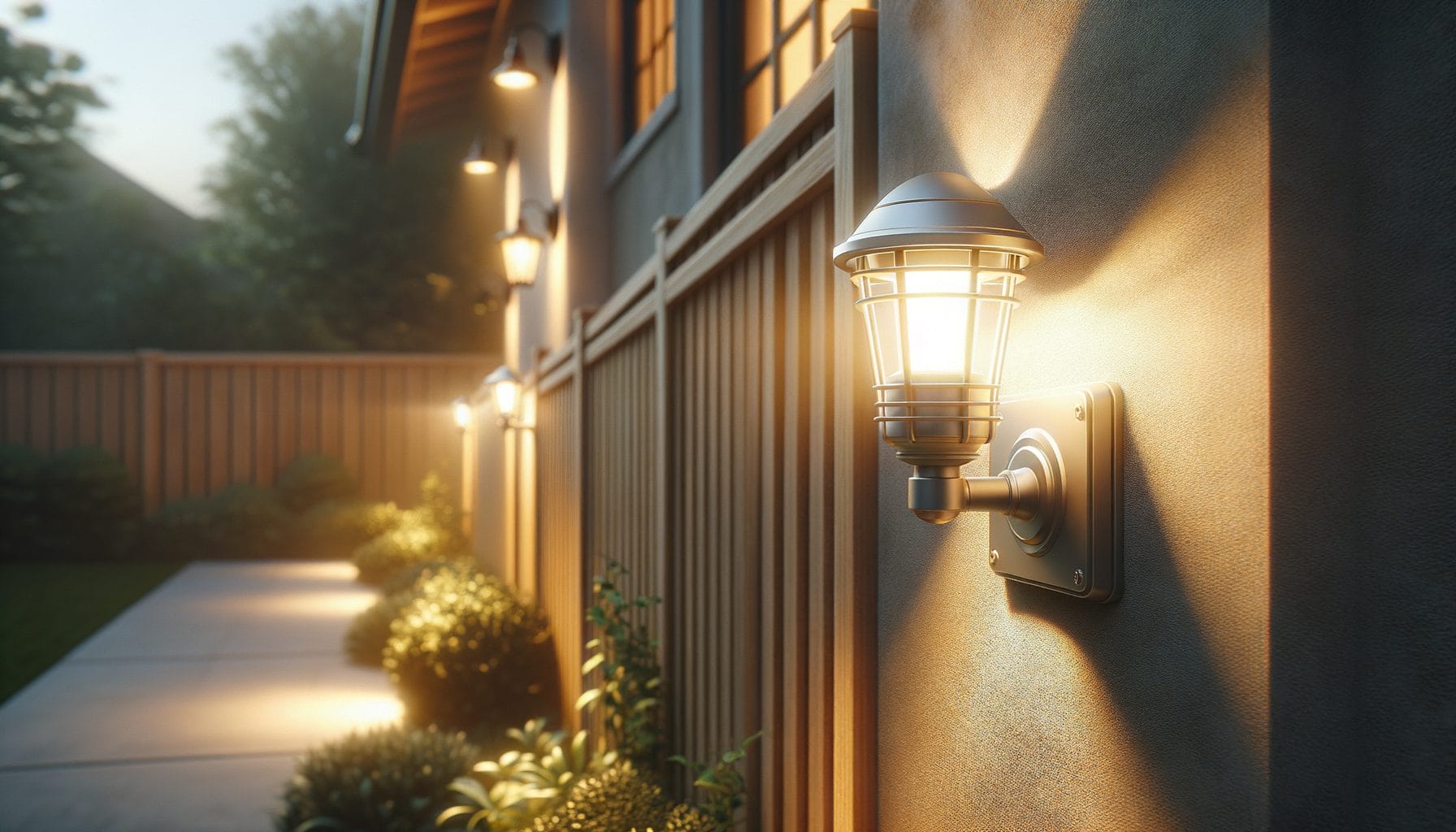 This image shows a row of outdoor wall lanterns mounted along the side of a house, illuminating a walkway and garden area. The lanterns have a classic design with metal frames and frosted glass, casting a warm glow. The lighting enhances the beauty of the well-maintained plants and wooden fence, creating a welcoming and serene atmosphere in the evening. The background shows trees and parts of neighboring houses, adding to the cozy suburban setting.