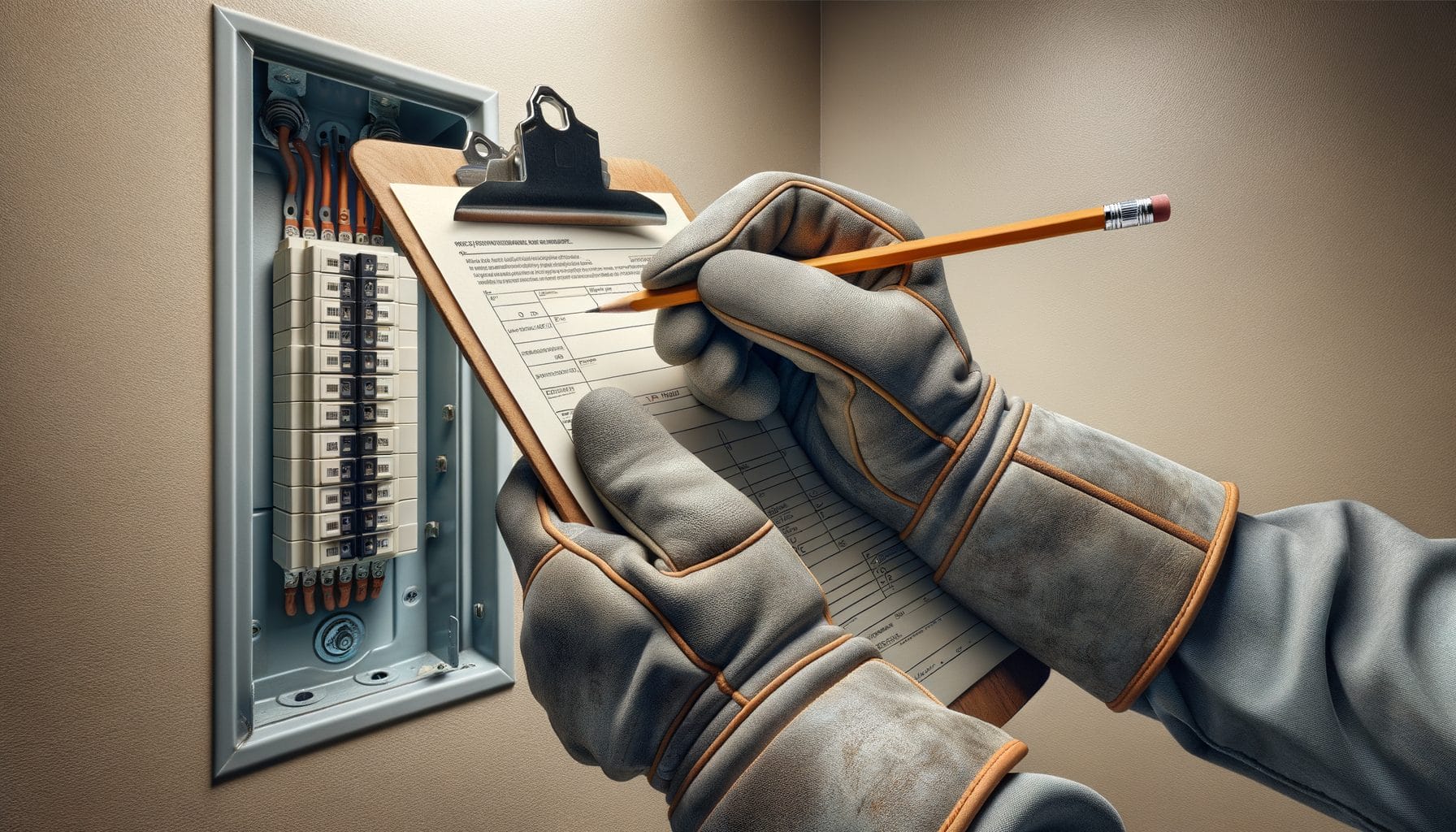 The image depicts a person in protective gloves conducting a detailed pre-purchase home electrical inspection. They are writing on a clipboard which holds a checklist, positioned in front of an open electrical panel that houses numerous switches and wired connections. The setting emphasizes meticulousness and safety in assessing home electrical systems before purchase. The backdrop is a neutral-colored wall, focusing attention on the inspection activity.