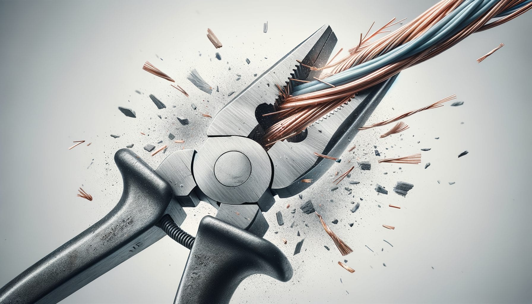 A close-up view of a pair of pliers cutting through an electrical cable. The pliers are in the process of severing the cable, with sparks and fragments of insulation and copper wires flying in all directions. The image captures the moment of cutting with dynamic detail, showcasing the sharpness of the pliers and the tension in the cable.