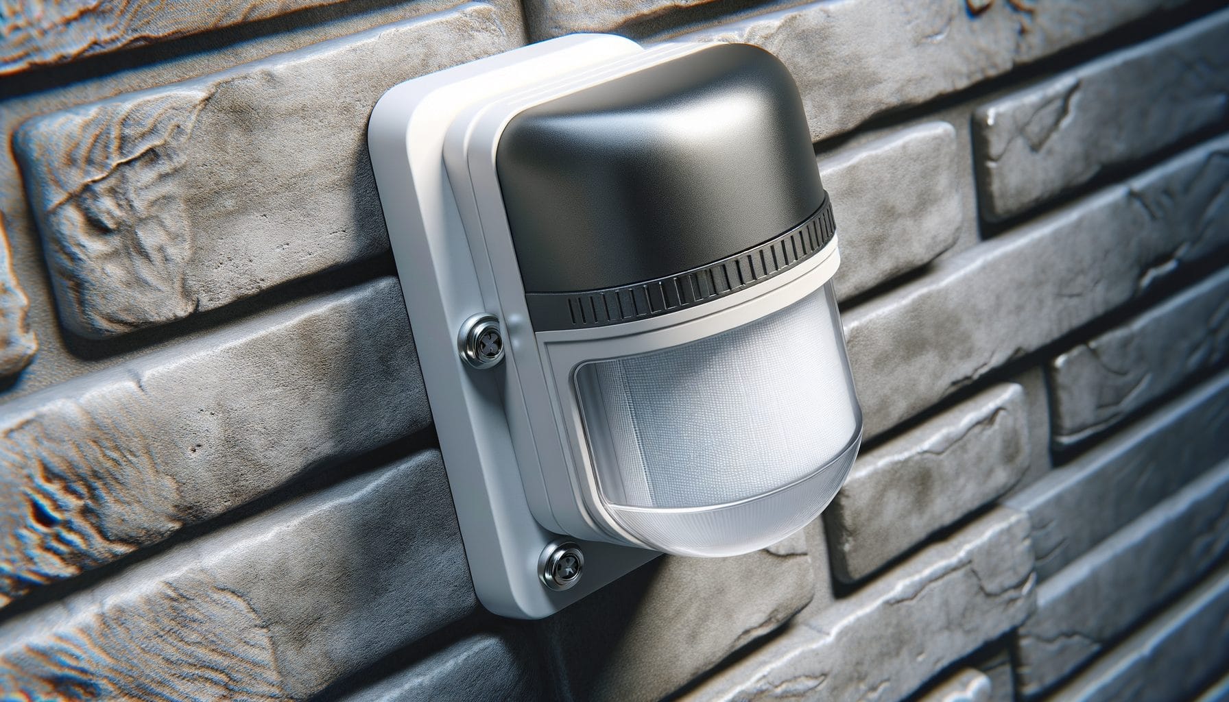 This image shows a motion-sensor security light mounted on a brick wall. The light has a compact, modern design with a black top and a white base. The sensor, located at the bottom, has a frosted cover to detect movement. The fixture is securely fastened to the wall with visible screws. The textured brick background adds to the sturdy and secure appearance of the installation, indicating its suitability for outdoor security purposes.