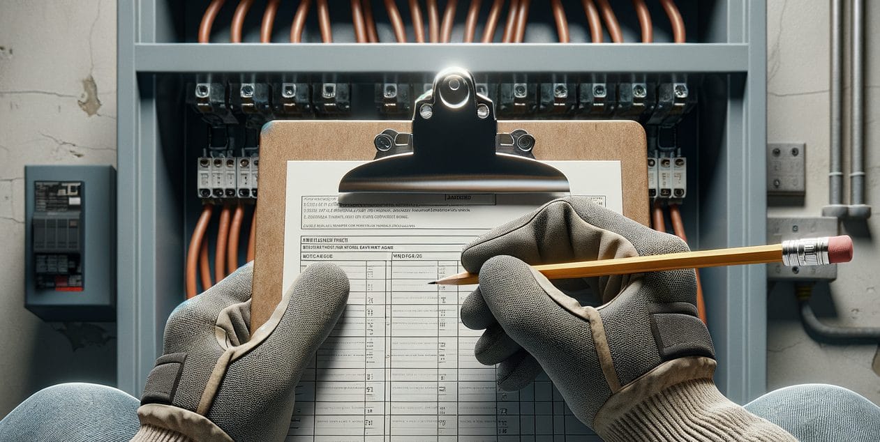The image features a person wearing safety gloves conducting an Electrical Code Compliance Inspection. They are writing on a clipboard that holds a detailed checklist, positioned in front of an open electrical cabinet with organized cables and electrical components. The background includes a detailed view of a gray wall with additional electrical panels, emphasizing the importance of rigorous standards and safety in electrical installations.