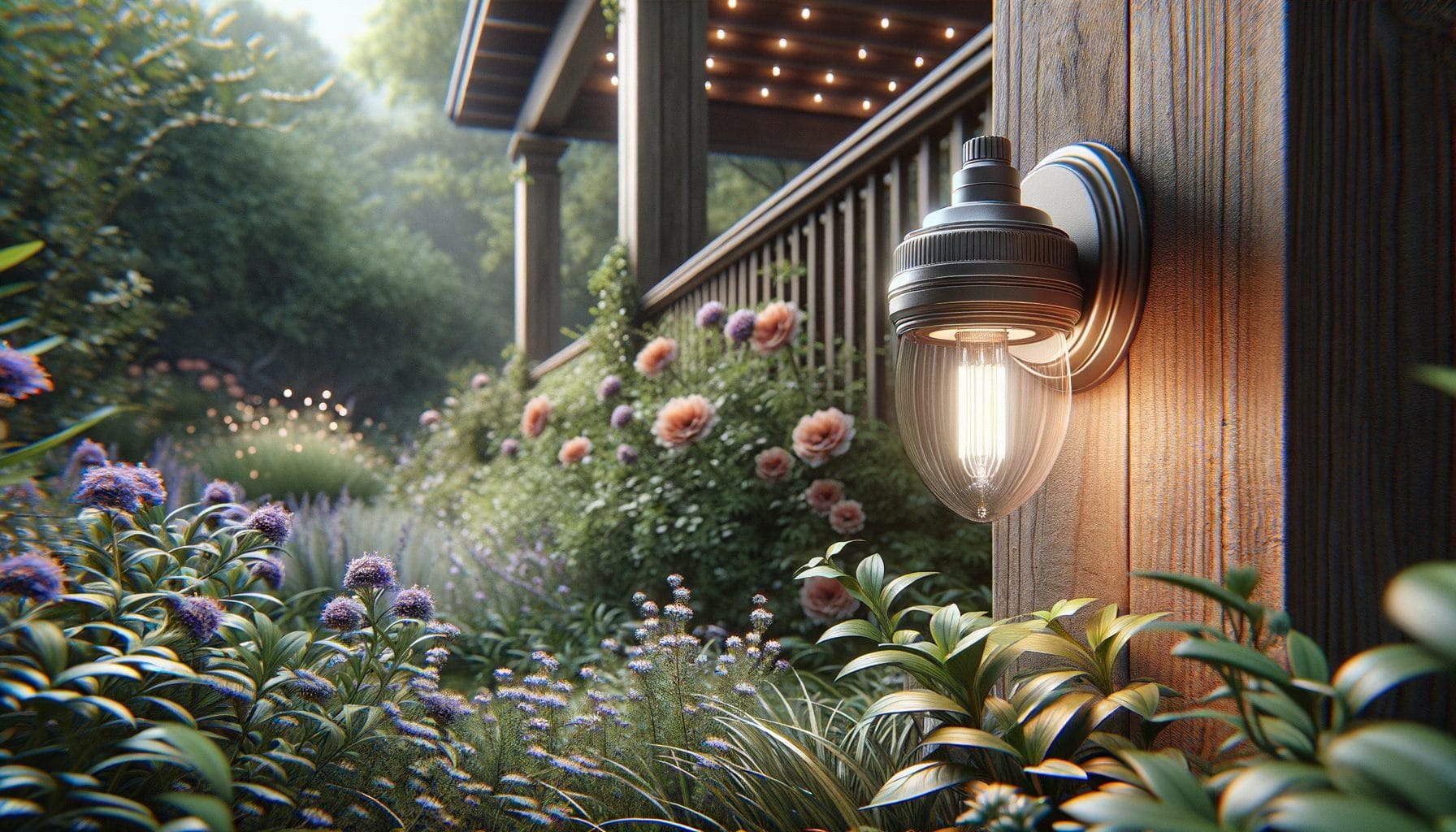 This image shows a charming outdoor garden scene with a vintage-style wall lantern mounted on a wooden post. The lantern emits a warm glow, illuminating the lush garden filled with blooming flowers and greenery. In the background, there is a wooden porch with string lights hanging from the ceiling, enhancing the cozy and inviting atmosphere. The setting is serene and picturesque, perfect for enjoying a peaceful evening outdoors.