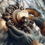 This image shows a pair of gloved hands installing or adjusting a light bulb in an ornate, antique-style wall sconce. The sconce features intricate floral and scrollwork designs, set against a luxurious marble wall with dramatic veining. The bulb has a ribbed glass design and emits a warm glow, enhancing the elegant and classic appearance of the fixture. The scene conveys a sense of careful craftsmanship and attention to detail.