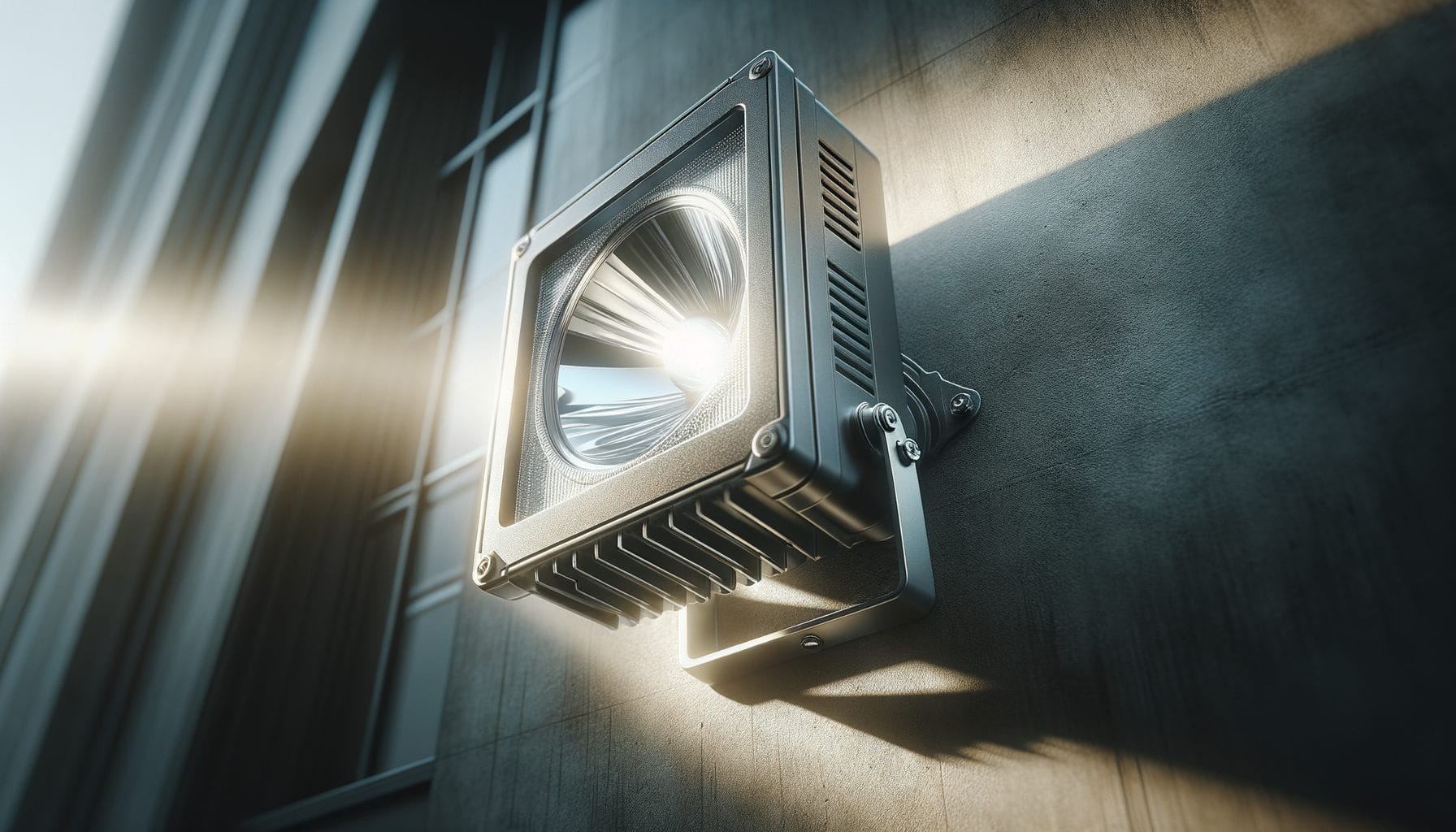 This image shows a modern, industrial-style outdoor floodlight mounted on a concrete wall. The floodlight has a robust, rectangular design with a reflective inner surface and a powerful LED bulb at the center. It features heat-dissipating fins on the sides for efficient cooling. The fixture is positioned to provide broad, intense illumination, ideal for security or large area lighting. The concrete wall and adjacent windows suggest an urban or commercial setting.