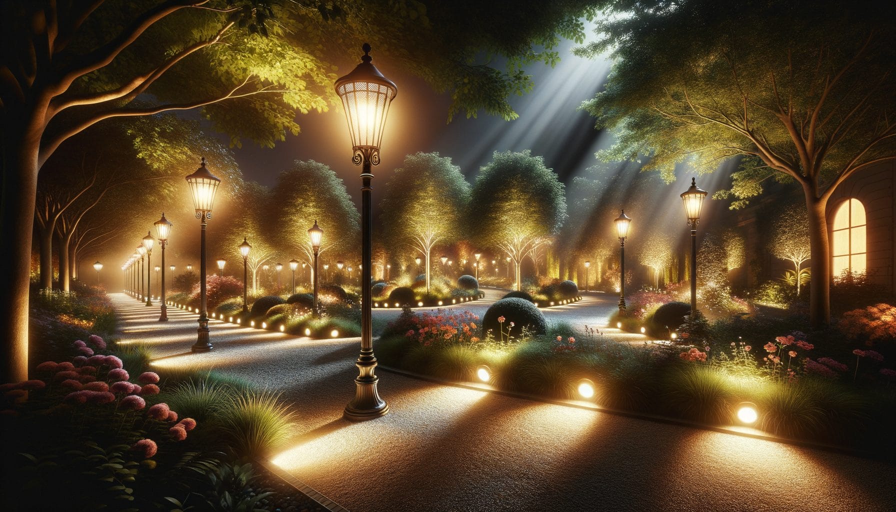 This image shows a beautifully lit garden path at night, lined with classic street lamps and various landscape lights. The path winds through lush greenery, with well-manicured bushes, trees, and vibrant flower beds on either side. The lights cast a warm, inviting glow, creating a serene and enchanting atmosphere. Rays of light filter through the tree canopy, adding to the magical ambiance of the scene. The overall setting is tranquil and picturesque, ideal for an evening stroll.