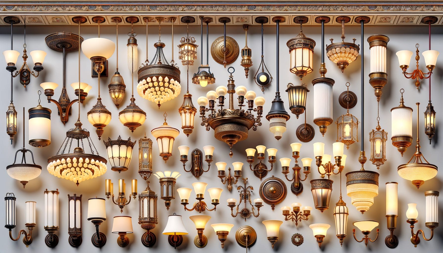 The image shows a collection of various vintage and ornate light fixtures hanging from a decorated ceiling. These fixtures vary greatly in style and design, including chandeliers, pendant lights, and wall sconces, each crafted with intricate details and different lighting elements. The color palette consists mainly of warm golds, bronzes, and whites, evoking an antique and luxurious atmosphere.