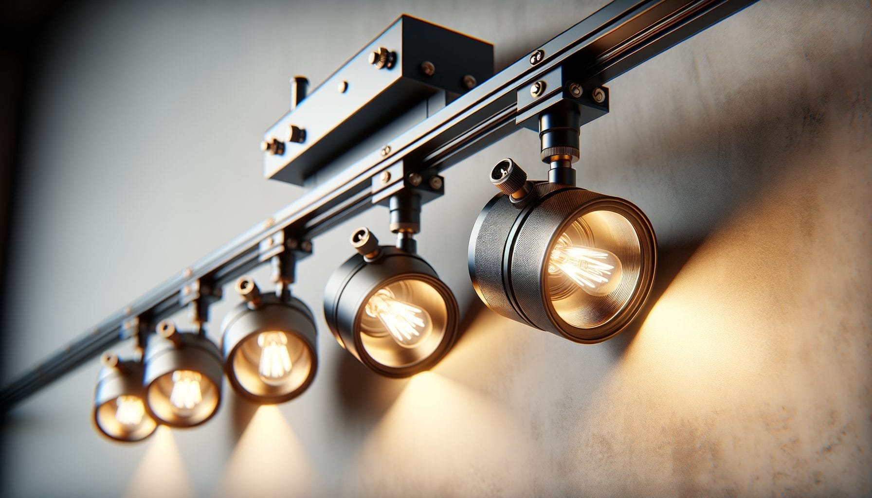 This image shows a set of modern track lights mounted on a wall. The lights have cylindrical housings with visible filament bulbs, emitting a warm glow. The track system is metallic, with adjustable fixtures allowing the direction of the light to be customized. The design is industrial and sleek, suitable for contemporary interior spaces.