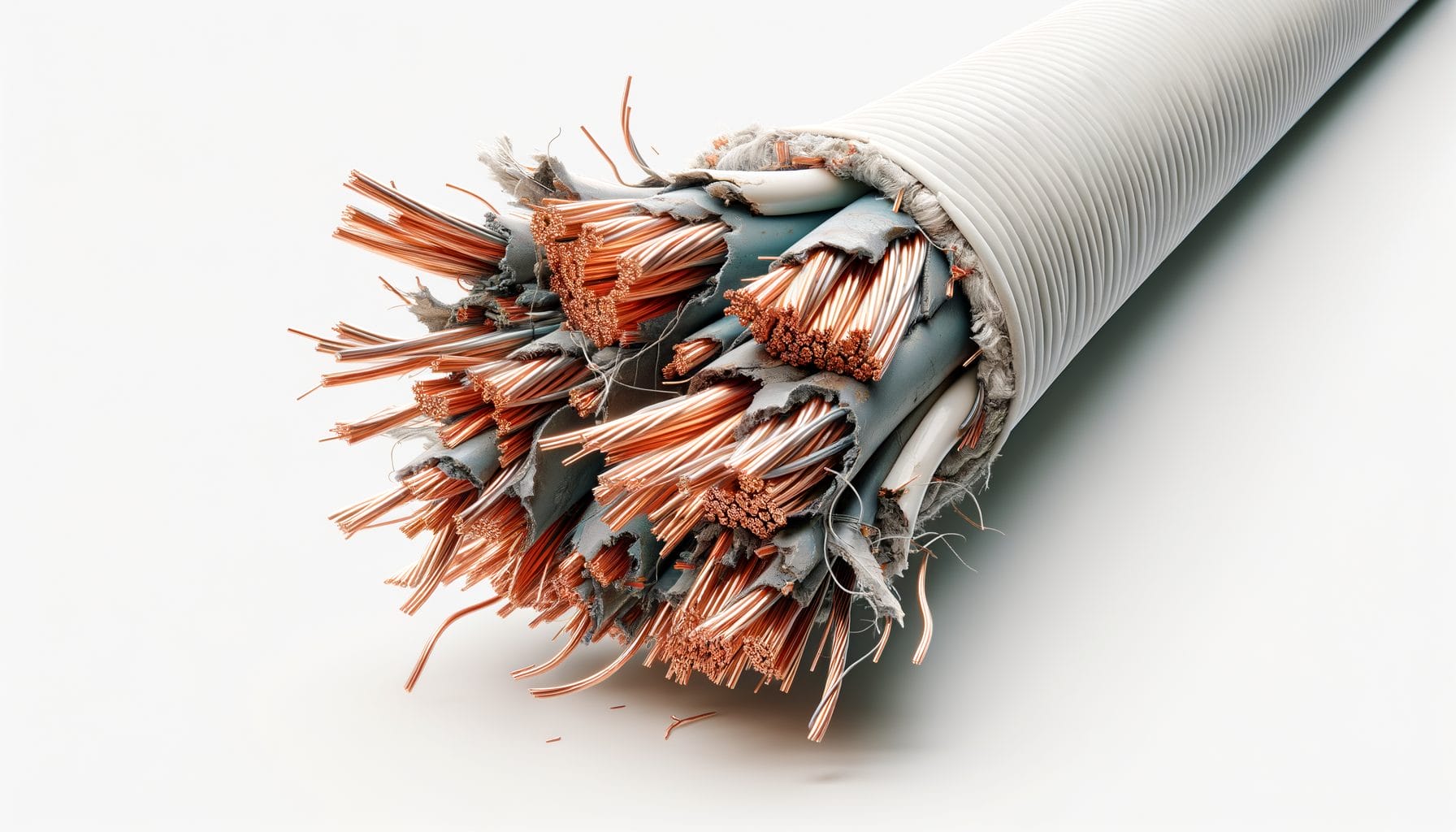 A close-up view of a cut electrical cable with exposed copper wires. The cable's outer insulation is peeled back, revealing a bundle of smaller cables inside, each containing numerous copper strands. The ends of the copper wires are frayed and splayed out. The image is highly detailed, showing the texture and color variations of the materials.