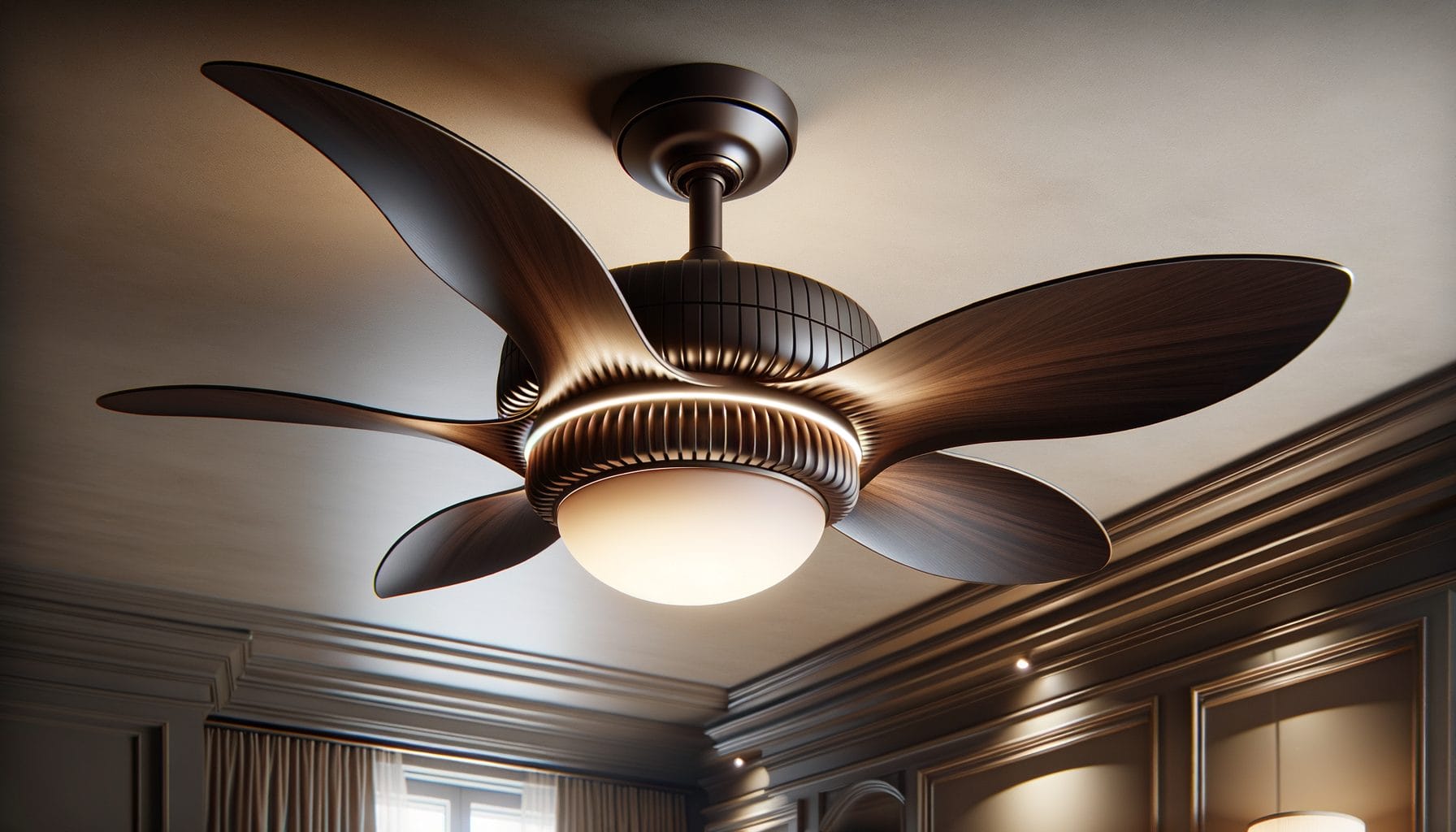 This image shows a modern ceiling fan with a sleek, contemporary design. The fan features five wide, curved blades with a wooden finish. The motor housing and light fixture have a ribbed texture and a dark metallic finish. The integrated light at the center has a frosted glass cover, emitting a soft, warm glow. The fan is installed in an elegant room with crown molding and recessed lighting, creating a sophisticated and stylish ambiance.